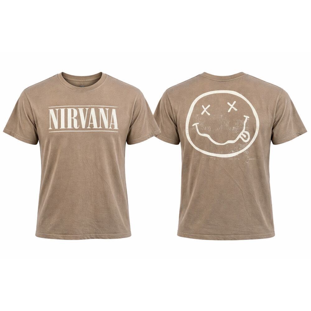 Nirvana Smiley Face Band Tee Size Large Brown Graphic Grunge Rock Shirt